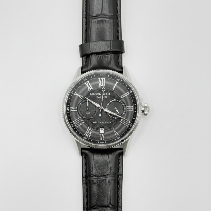 Stainless Steel Mason Parker Collection Men’s Watch – Black Face with Leather Strap