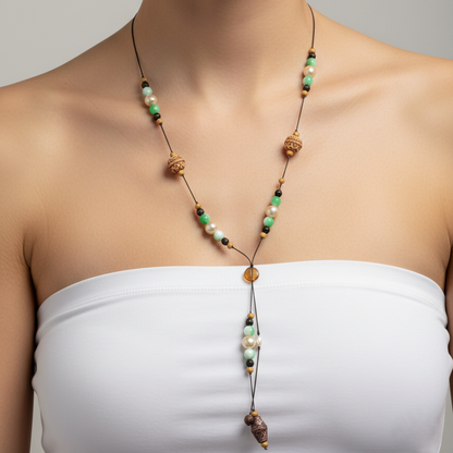 Sage Green & Cream Lariat Necklace with Wooden Beads