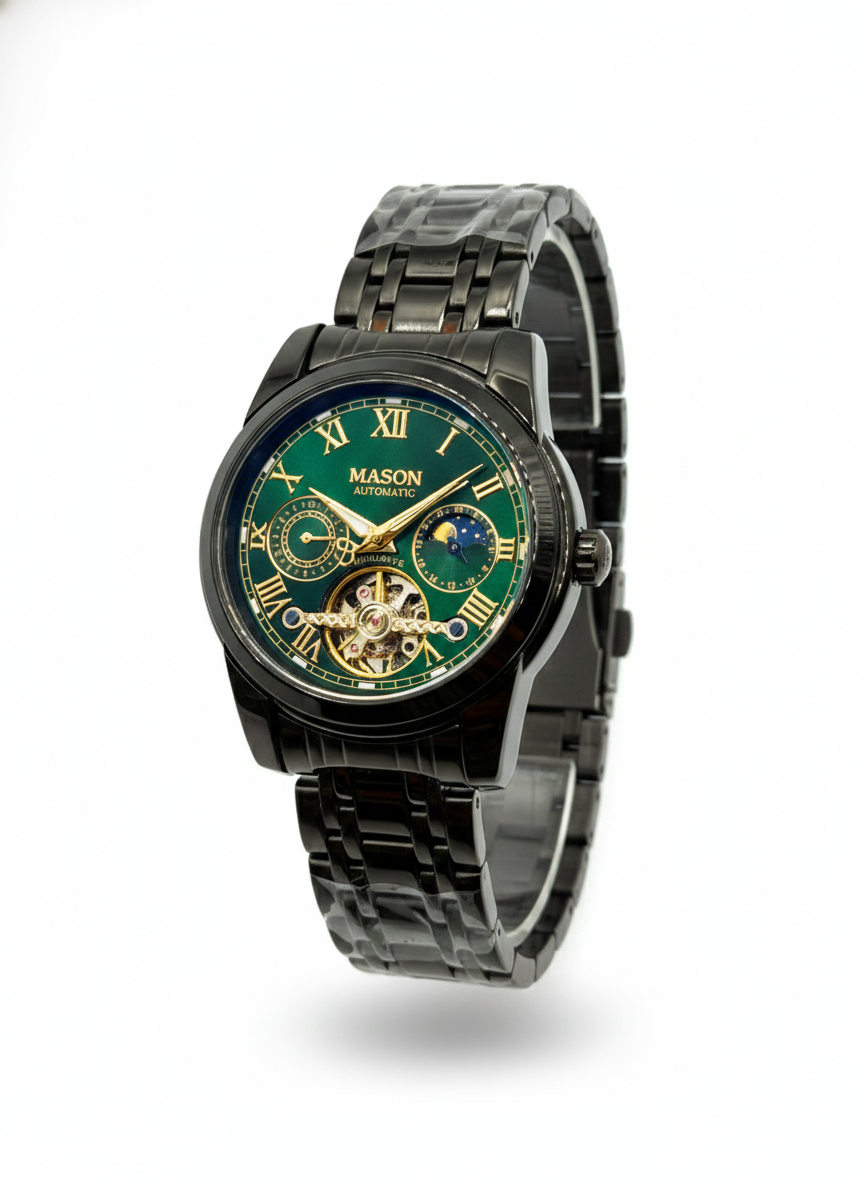 Mason Men’s Automatic Stainless Steel Watch – Black Dial with 24-Hour Subdial