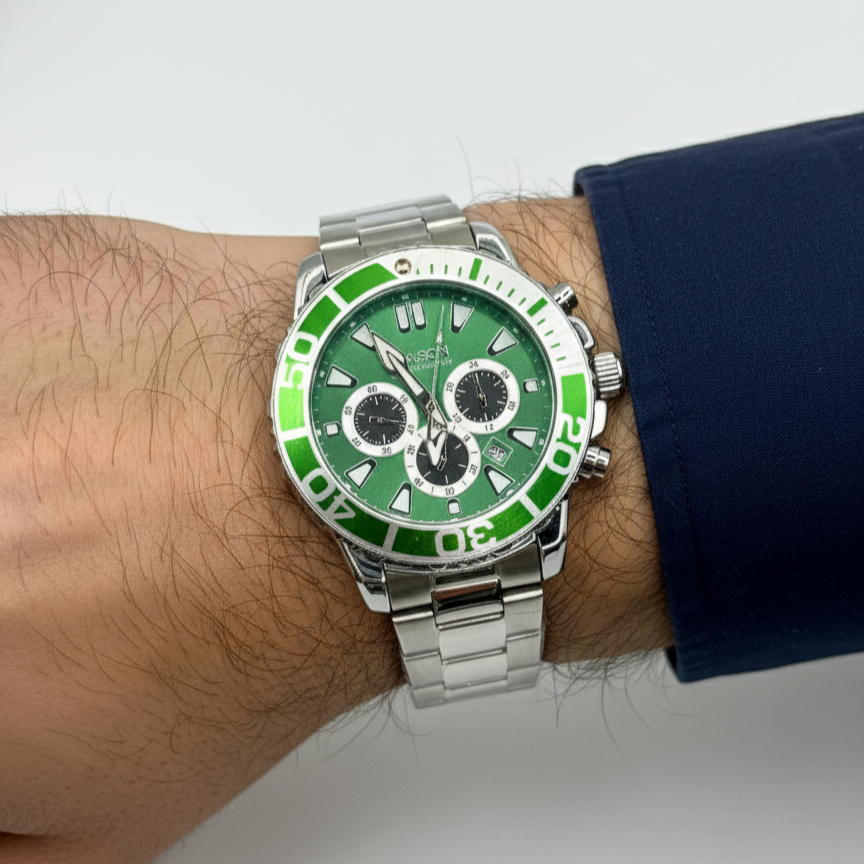 Mason Men’s Stainless Steel Chronograph Watch – Green Dial & Silver Band