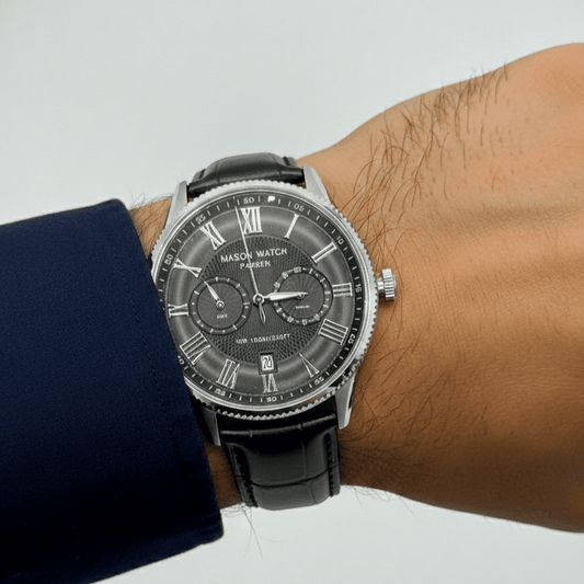 Stainless Steel Mason Parker Collection Men’s Watch – Black Face with Leather Strap - COLO