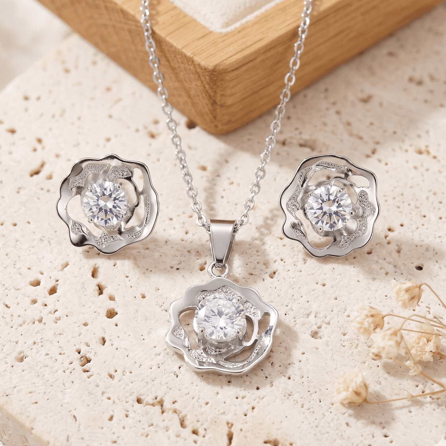 Stainless Steel Crystal Around Flower Earring and Pendant Set with Chain – Durable, Tarnish Resistant Jewelry Set for Everyday Wear