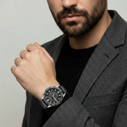 Stainless Steel Mason Parker Collection Men’s Watch – Black Face with Leather Strap