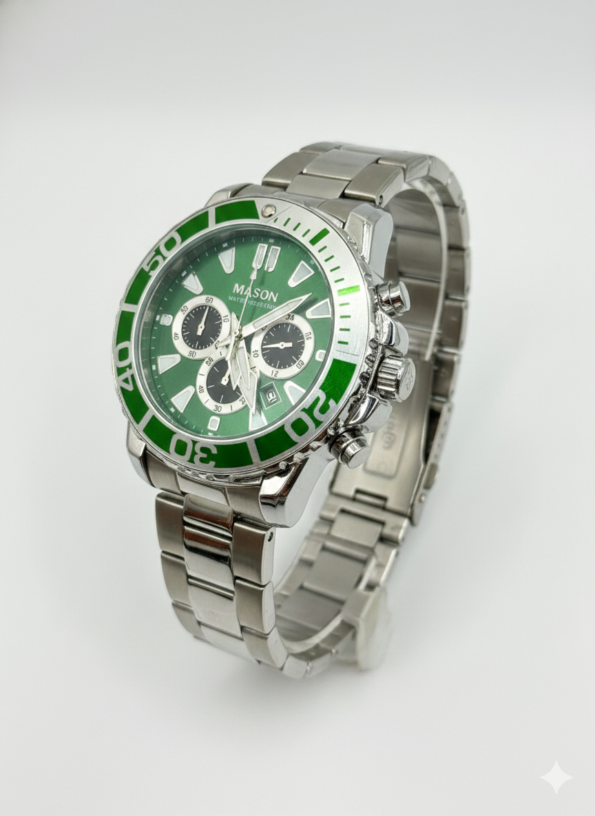 Mason Men’s Stainless Steel Chronograph Watch – Green Dial & Silver Band