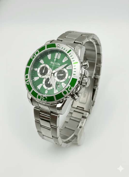Mason Men’s Stainless Steel Chronograph Watch – Green Dial & Silver Band - COLO