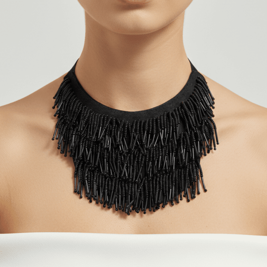 Matte Black Bib-Style Fringe Necklace - COLO