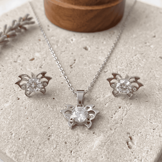 Stainless Steel Crystal Open Butterfly Earring and Pendant Set with Chain – Durable, Tarnish Resistant Jewelry Set for Everyday Wear