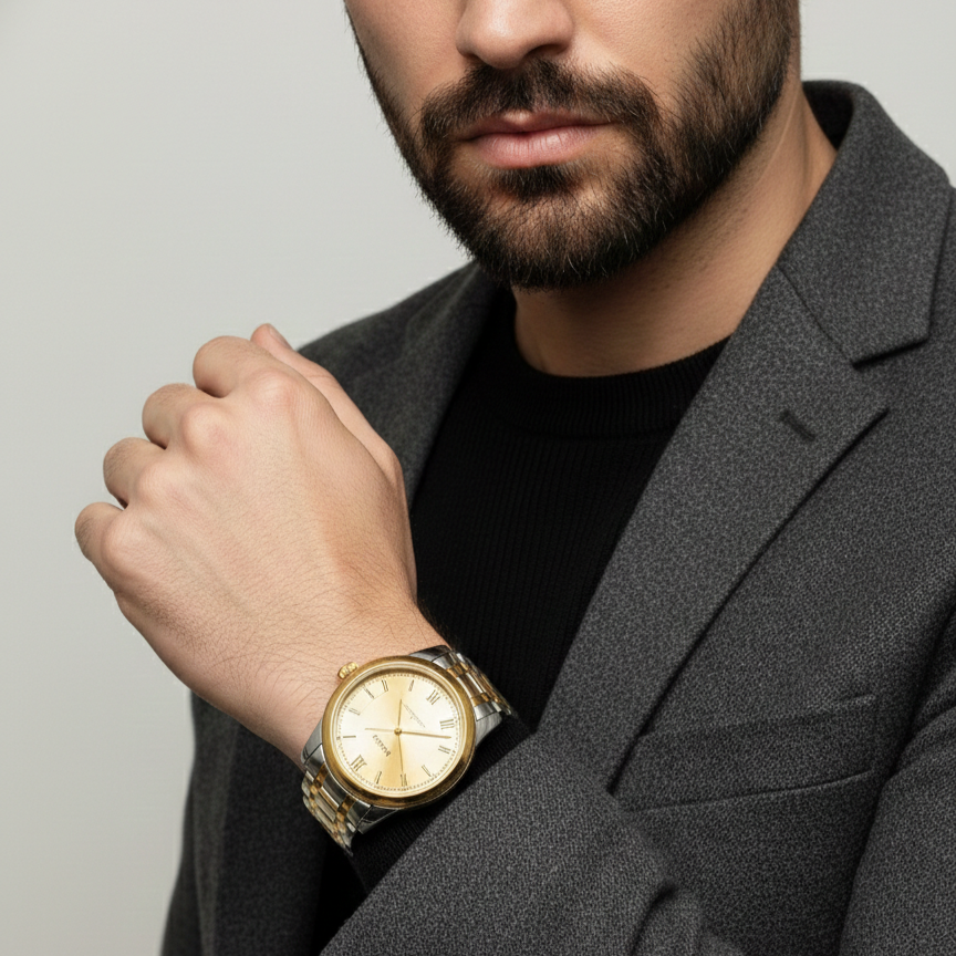 Mason Men’s Gold-Tone Dial Two-Tone Gold-Silver Band Watch – 5 ATM Water Resistant