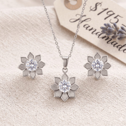 Stainless Steel Crystal Flower Earring and Pendant Set with Chain – Durable, Tarnish Resistant Jewelry Set for Everyday Wear