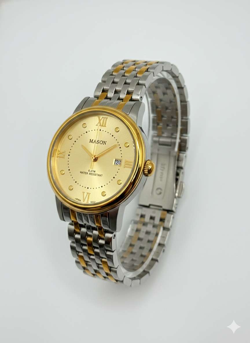 Mason Men’s Gold-Tone Dial Two-Tone Gold-Silver Band Watch – 5 ATM Water Resistant