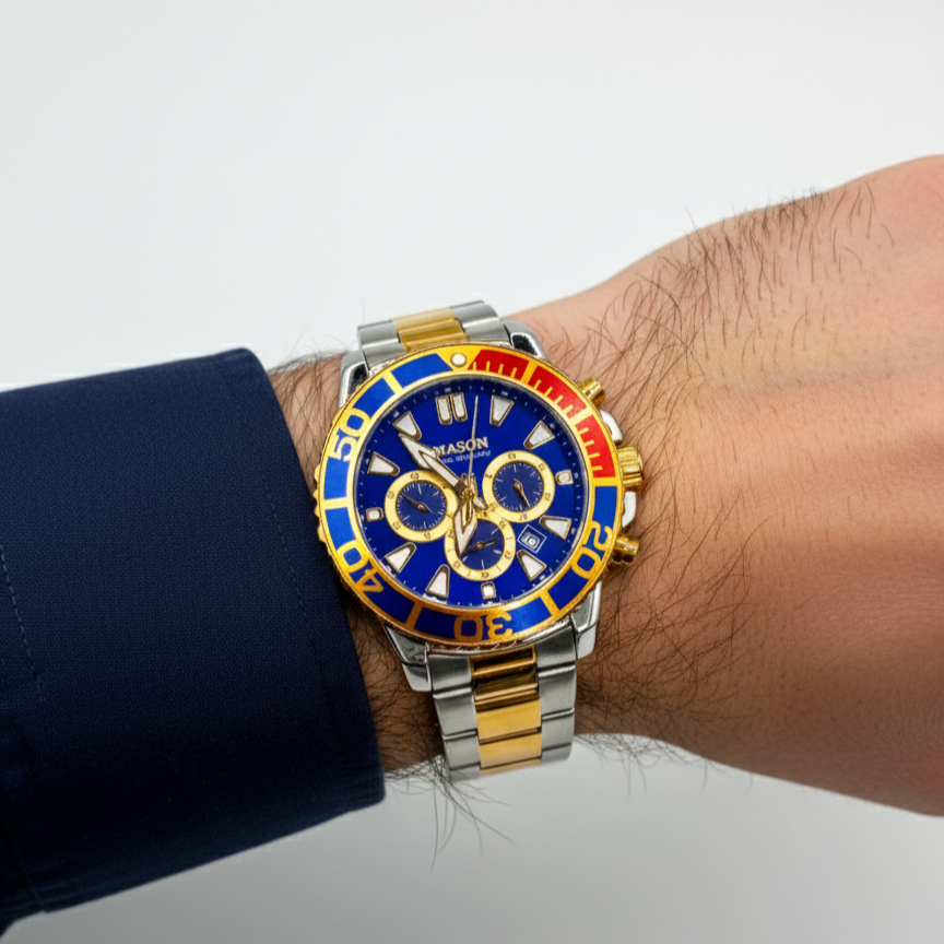Mason Men’s Two-Tone Gold-Plated Chronograph Watch – Blue Dial Statement Edition