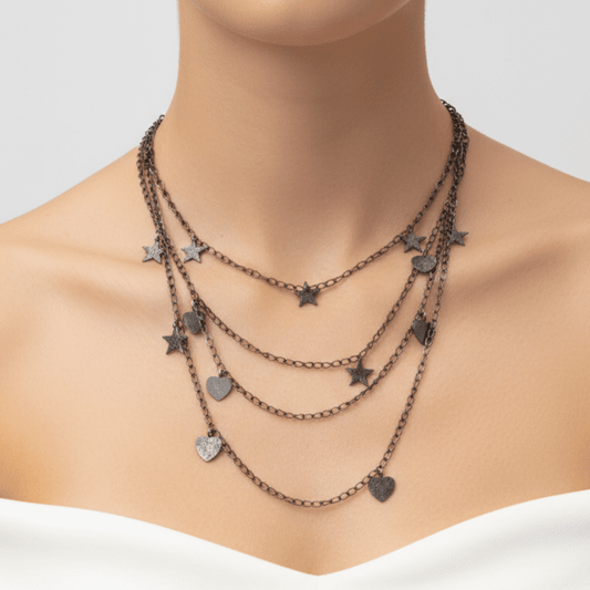 Dark Grey Multi-Strand Necklace with Stars & Hearts - COLO