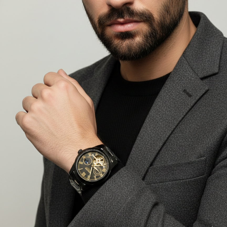 Mason Men’s Automatic Stainless Steel Watch – Black Dial with 24-Hour Subdial