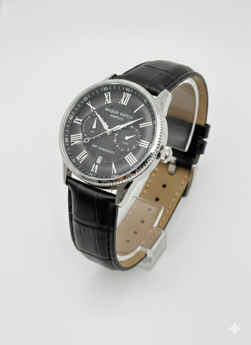 Stainless Steel Mason Parker Collection Men’s Watch – Black Face with Leather Strap