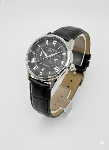 Stainless Steel Mason Parker Collection Men’s Watch – Black Face with Leather Strap