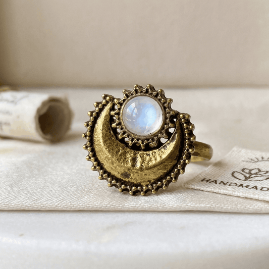 Stainless Steel Gold Antique Sun & Moon Ring with Opal – Vintage Celestial Statement Ring