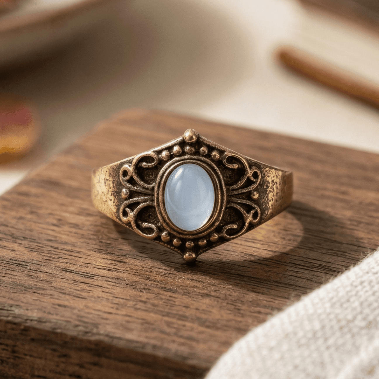 STAINLESS STEEL GOLD ANTIQUE OVAL OPAL FILAGREE RING