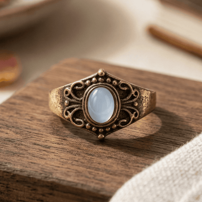STAINLESS STEEL GOLD ANTIQUE OVAL OPAL FILAGREE RING