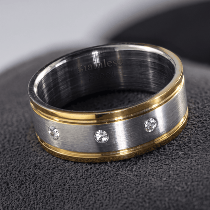 Stainless Steel TWO TONE GOLD AND MATT FINISH SILVER w/CRYSTALS Ring 12 SIZE