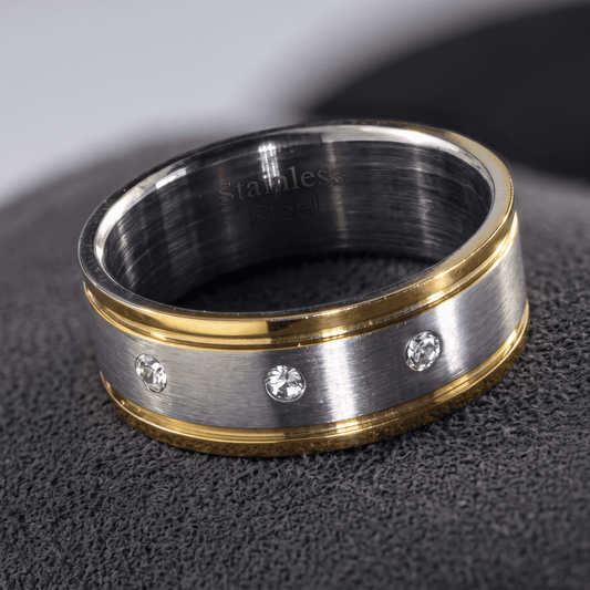 Stainless Steel TWO TONE GOLD AND MATT FINISH SILVER w/CRYSTALS Ring 12 SIZE