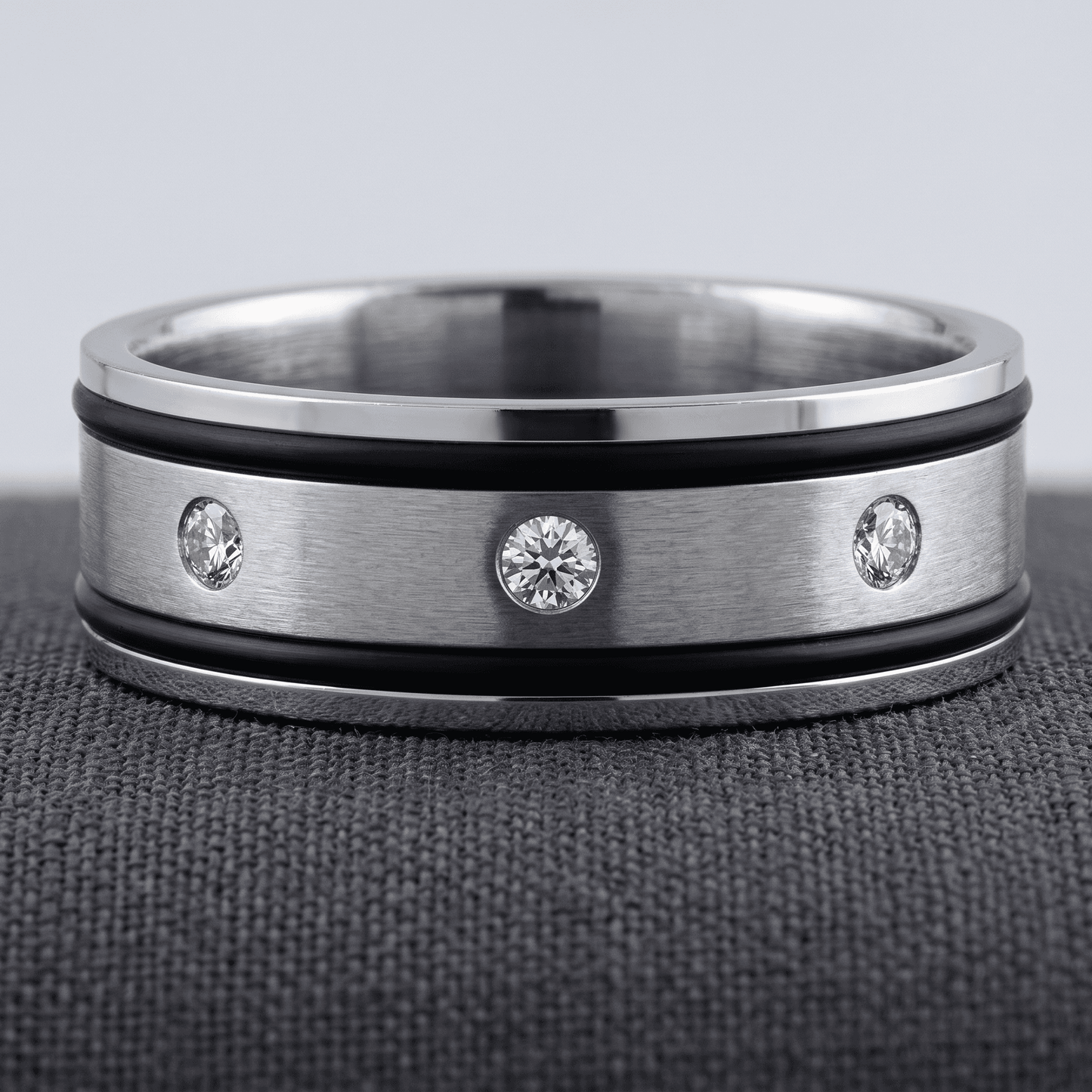 Stainless Steel TWO TONE BLACK AND MATT FINISH SILVER w/CRYSTALS Ring 12 SIZE