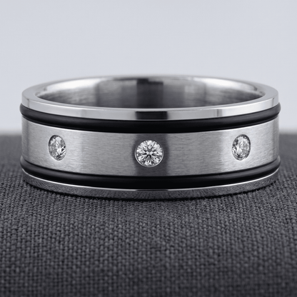 Stainless Steel TWO TONE BLACK AND MATT FINISH SILVER w/CRYSTALS Ring 12 SIZE