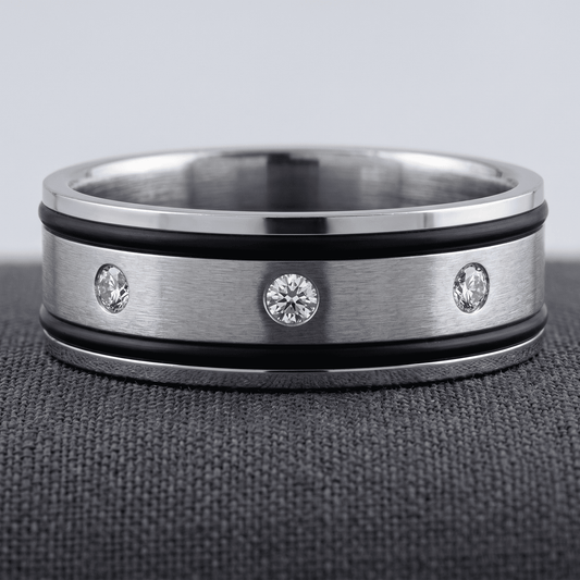 Stainless Steel TWO TONE BLACK AND MATT FINISH SILVER w/CRYSTALS Ring 12 SIZE