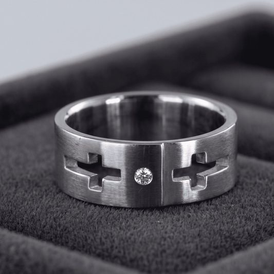 Industrial Matte Architecture & Cohesive Brilliant Accents: Premium Stainless Steel Matt Finish Silver Cross Ring & Luxury Jewelry Set (Size 12)