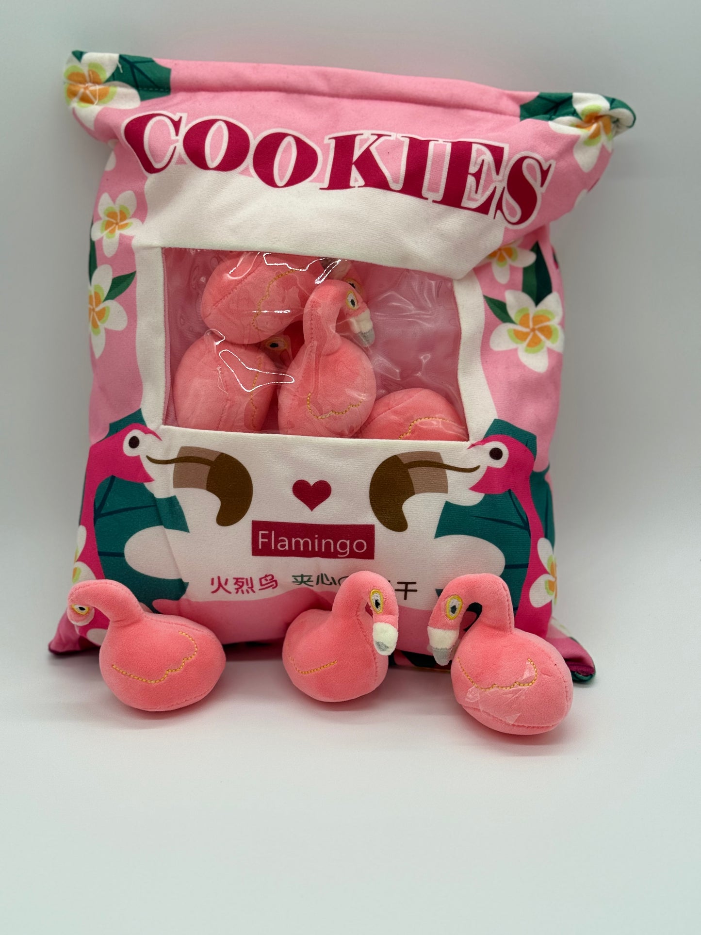 Zippered FLAMINGO Plush Pillow Gift Throw Pillow with 8 Little Flamingo Dolls 14 x 18 Inches