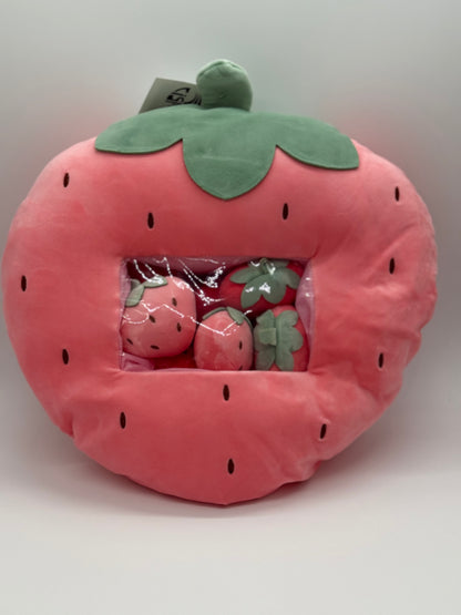 Zippered STRAWBERRY Plush Pillow Gift Throw Pillow with 8 Little Strawberry Dolls 24 x 18 Inches