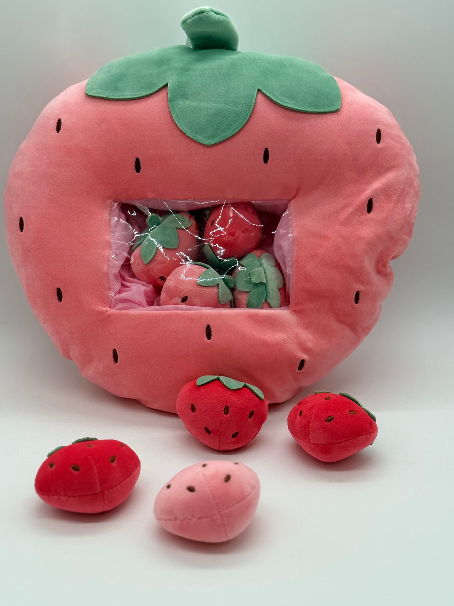 Zippered STRAWBERRY Plush Pillow Gift Throw Pillow with 8 Little Strawberry Dolls 24 x 18 Inches