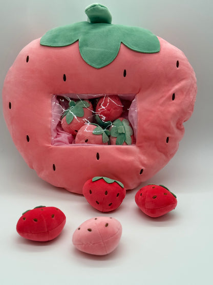 Zippered STRAWBERRY Plush Pillow Gift Throw Pillow with 8 Little Strawberry Dolls 24 x 18 Inches