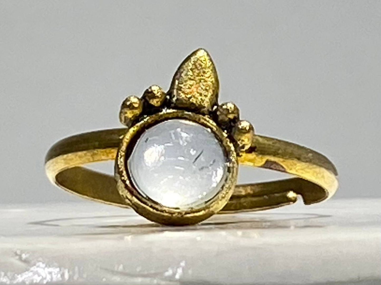 Stainless Steel Antique Gold Plated Fashion Ring w/OPAL – Handmade, Adjustable One Size