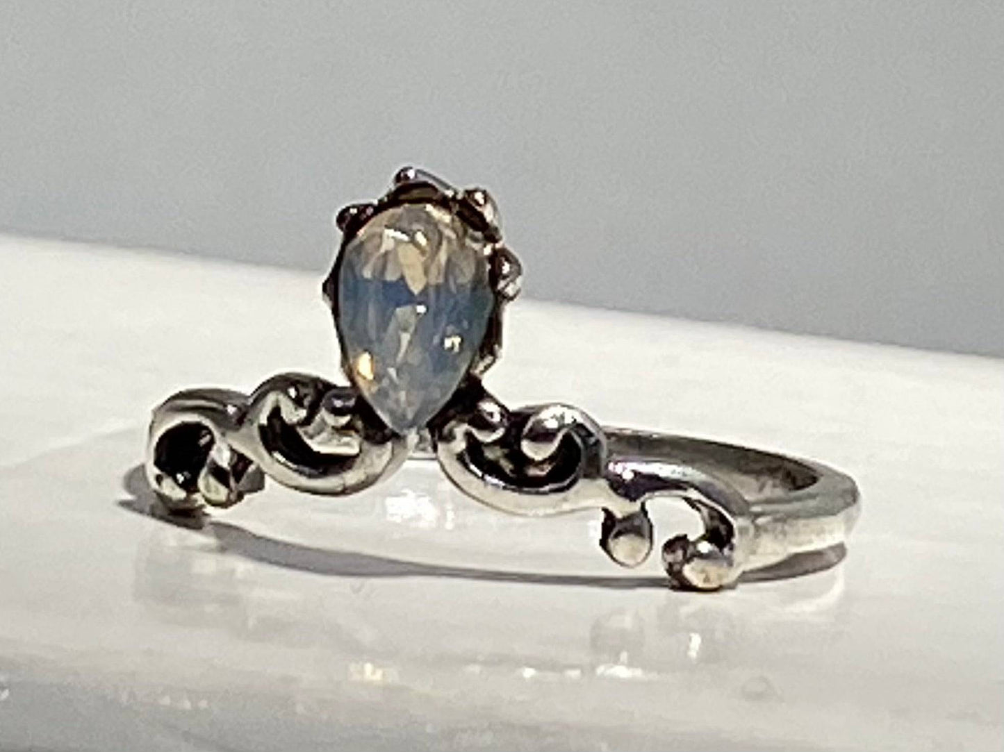 STAINLESS STEEL ANTIQUE pear share OPAL FILAGREE RING