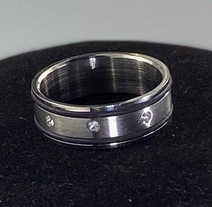 Stainless Steel TWO TONE BLACK AND MATT FINISH SILVER w/CRYSTALS Ring 12 SIZE
