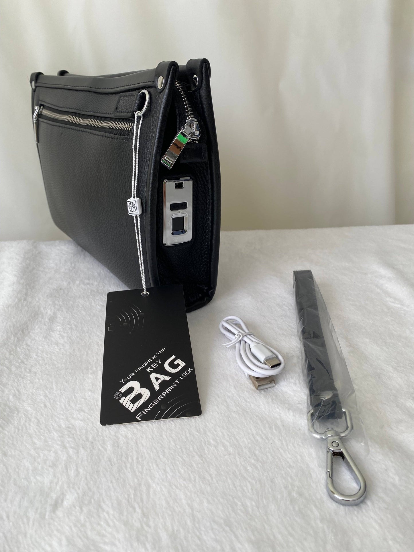 Men's Business Bag High-Quality Leather Fingerprint Lock Pouch Fashion Storage Bag Waterproof