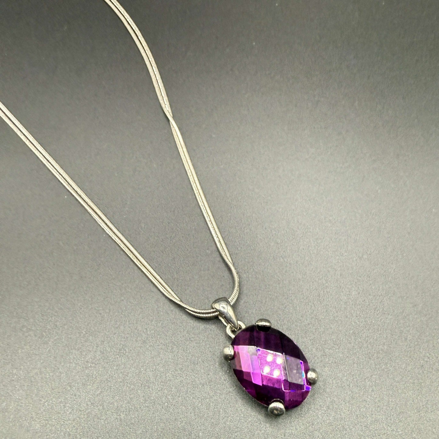Silver Double-Strand Necklace with Amethyst Pendant - COLO