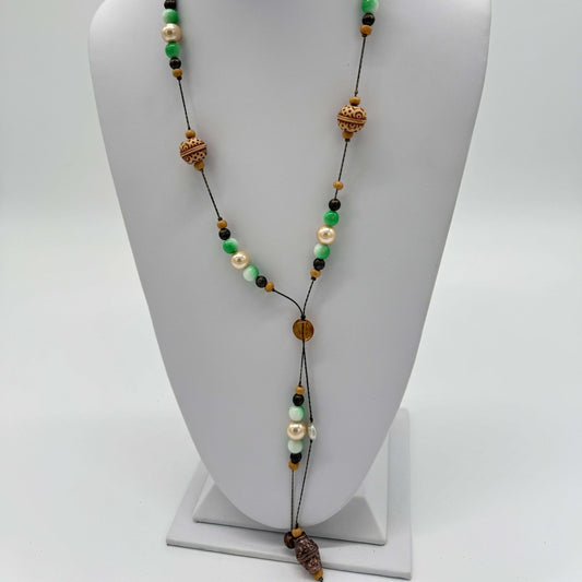 Sage Green & Cream Lariat Necklace with Wooden Beads - COLO