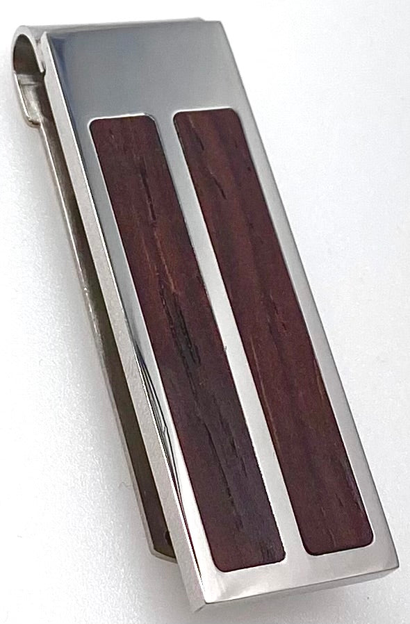 Stainless Steel Money Clip with Brown Wood Inlay Strips