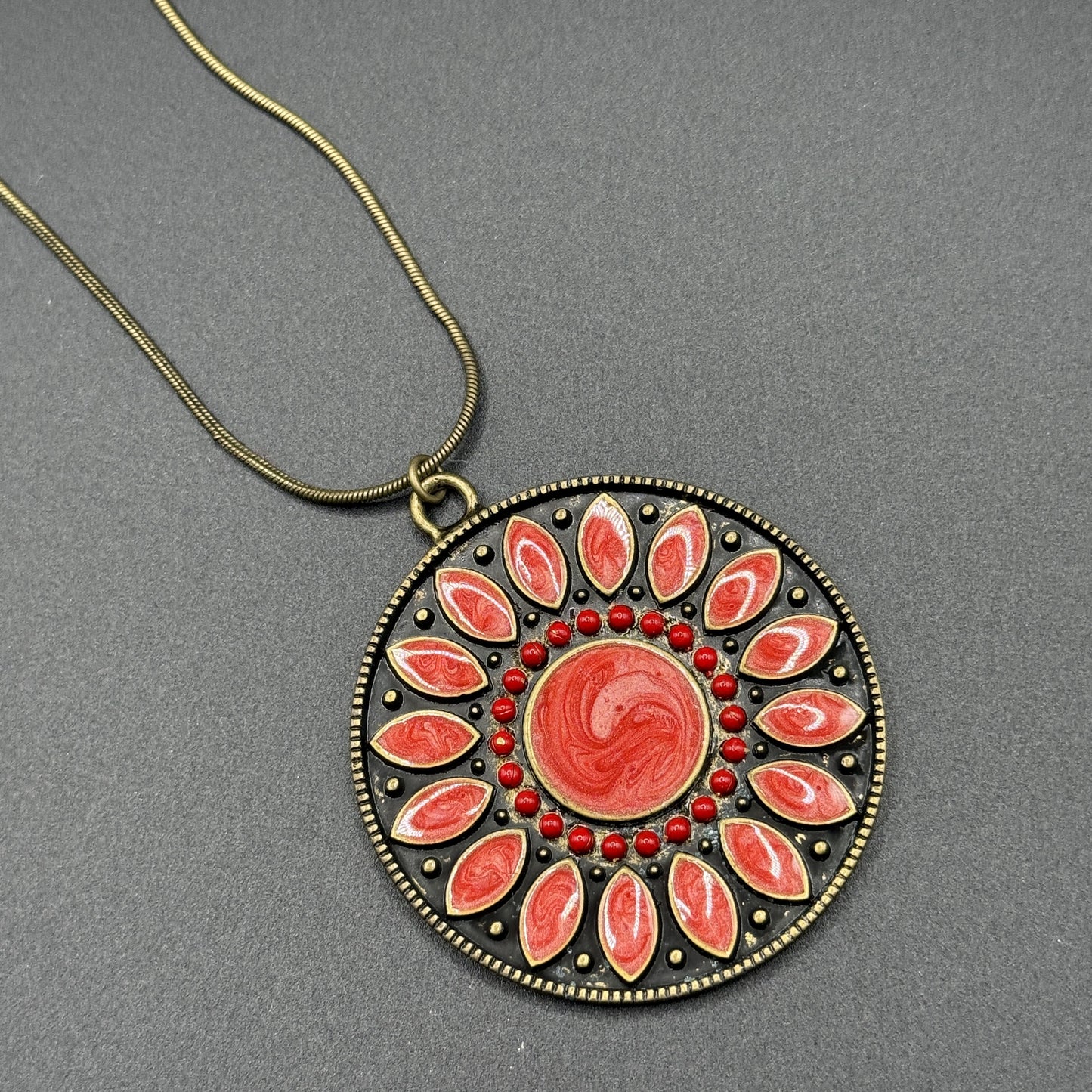 Antique Bronze Snake Chain Necklace with Red Pendant