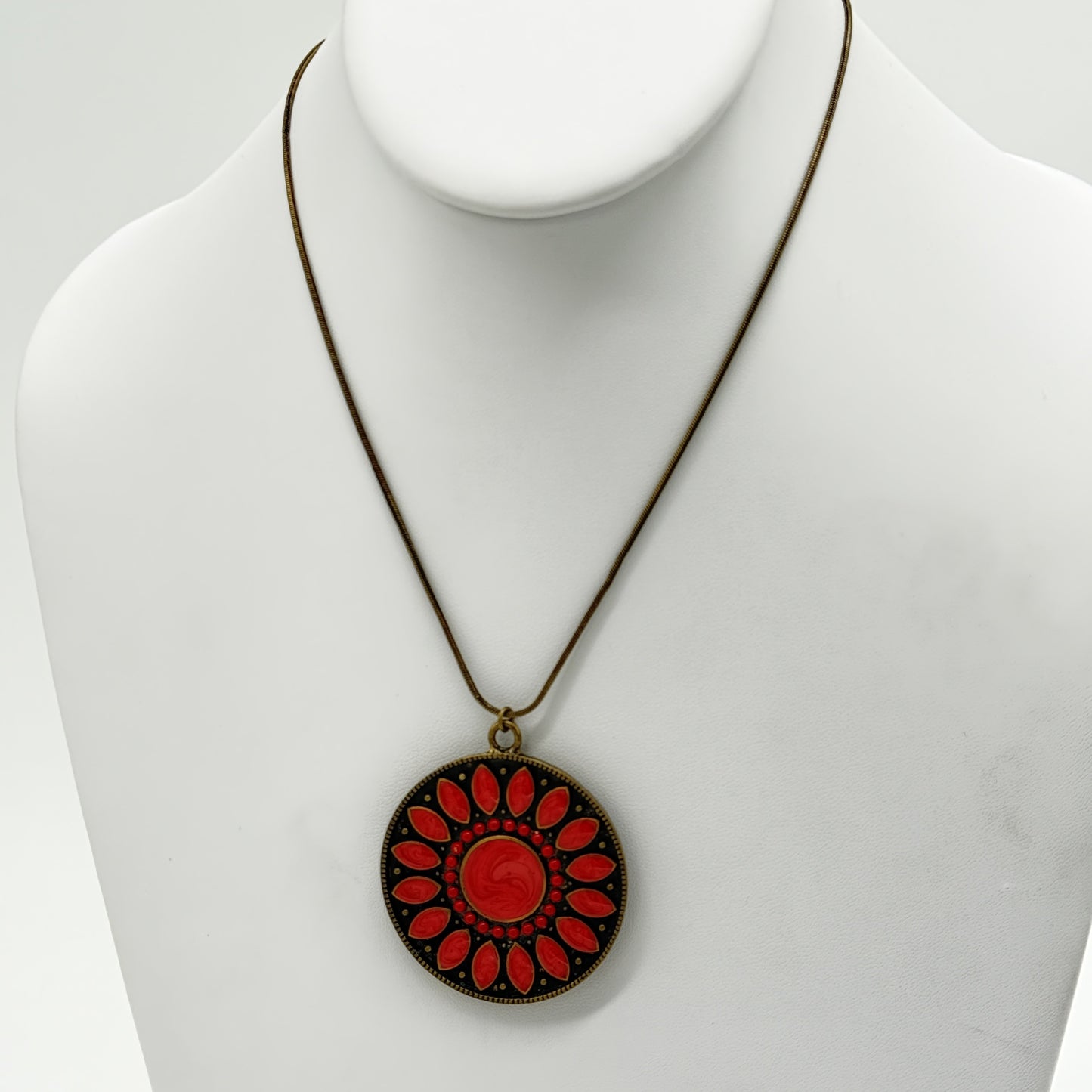 Antique Bronze Snake Chain Necklace with Red Pendant