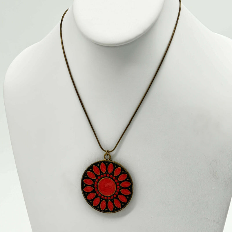 Antique Bronze Snake Chain Necklace with Red Pendant - COLO