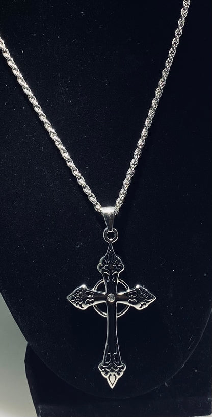 Elaborate Silver Celtic Cross CZ Pendant (22" Diamond-Cut Rope Chain)