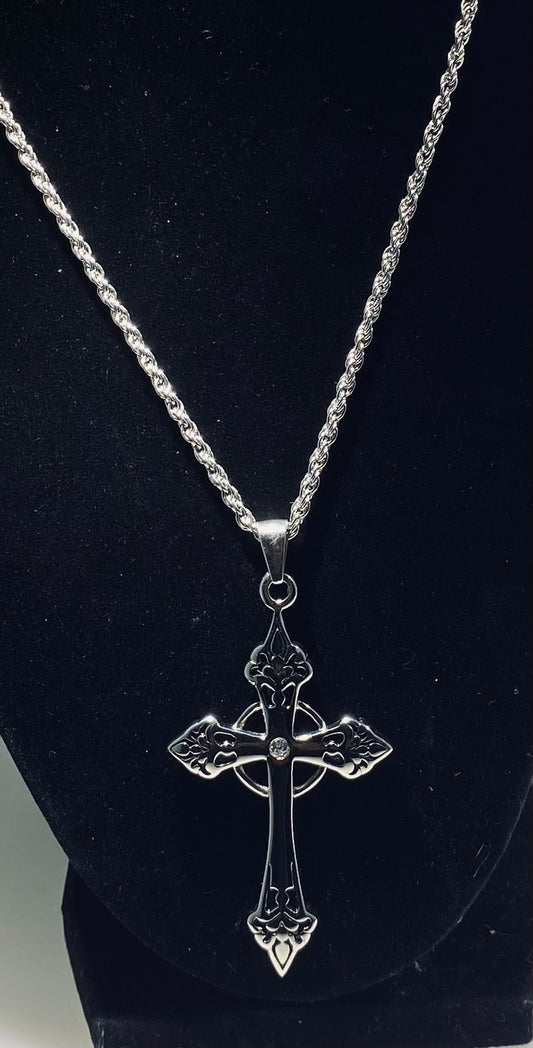 Elaborate Silver Celtic Cross CZ Pendant (22" Diamond-Cut Rope Chain)