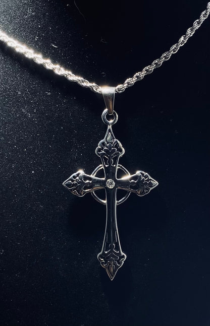 Elaborate Silver Celtic Cross CZ Pendant (22" Diamond-Cut Rope Chain)