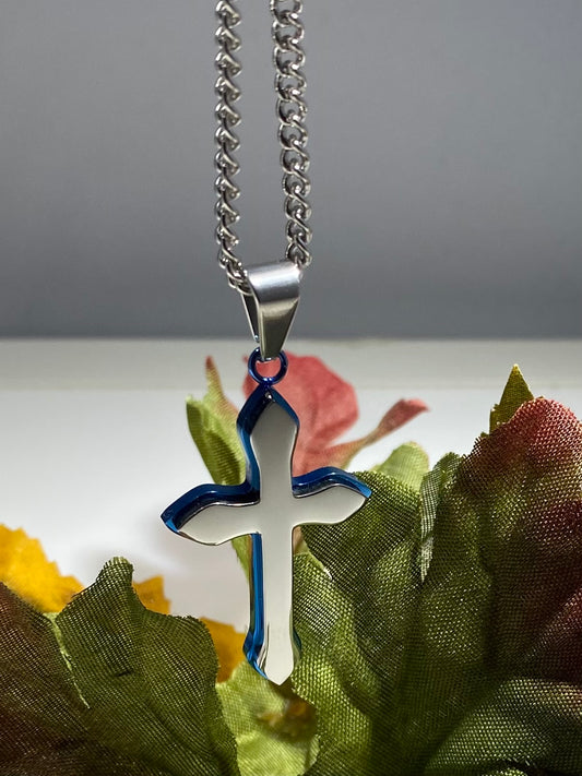 Two-Tone Satin Silver & Blue Layered Cross Pendant (24" Flat Curb Chain)