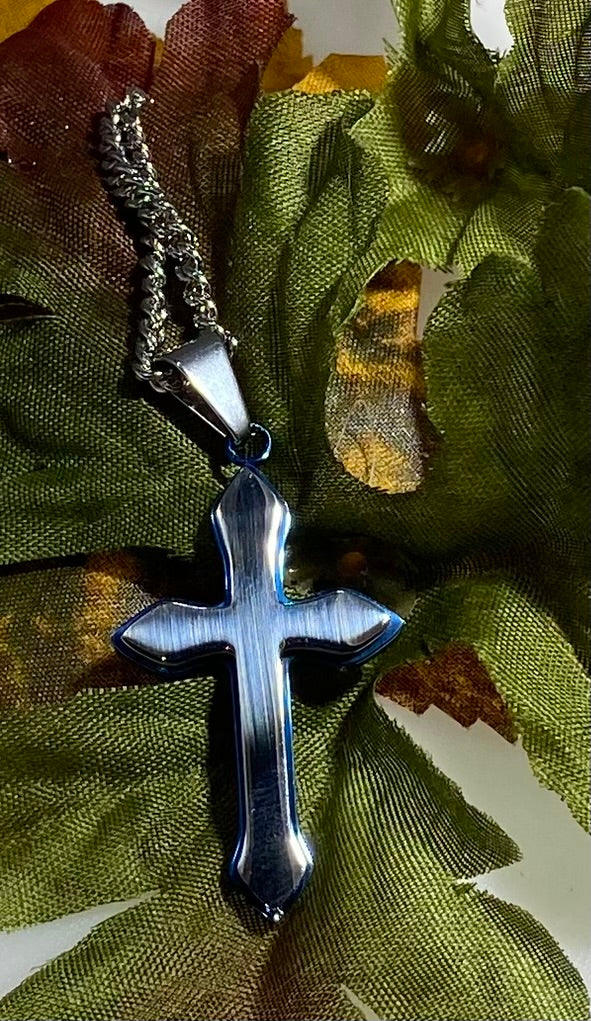 Two-Tone Satin Silver & Blue Layered Cross Pendant (24" Flat Curb Chain)