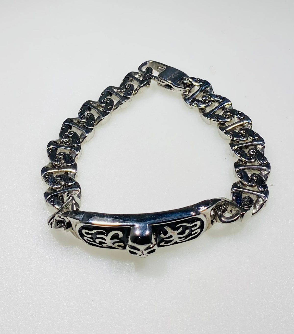 Men’s Stainless Steel Skull ID Plate Link Bracelet