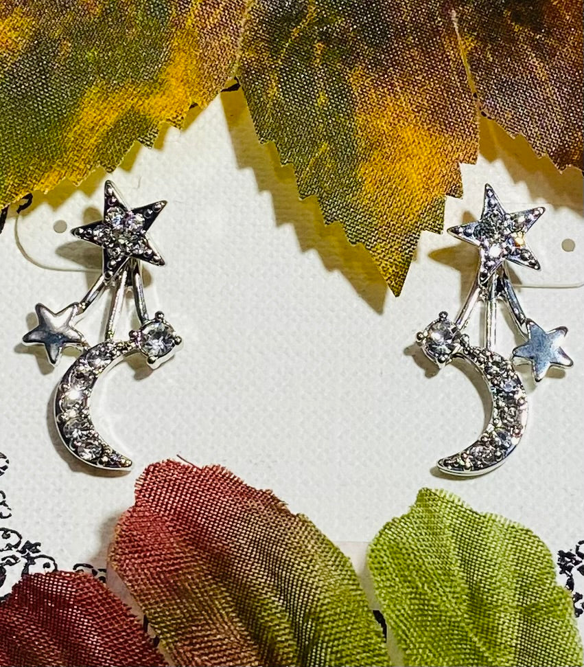 Star & Crescent Moon Shooting Star Dangle Earrings (Silver-Tone, CZ)