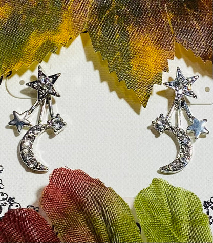 Star & Crescent Moon Shooting Star Dangle Earrings (Silver-Tone, CZ)